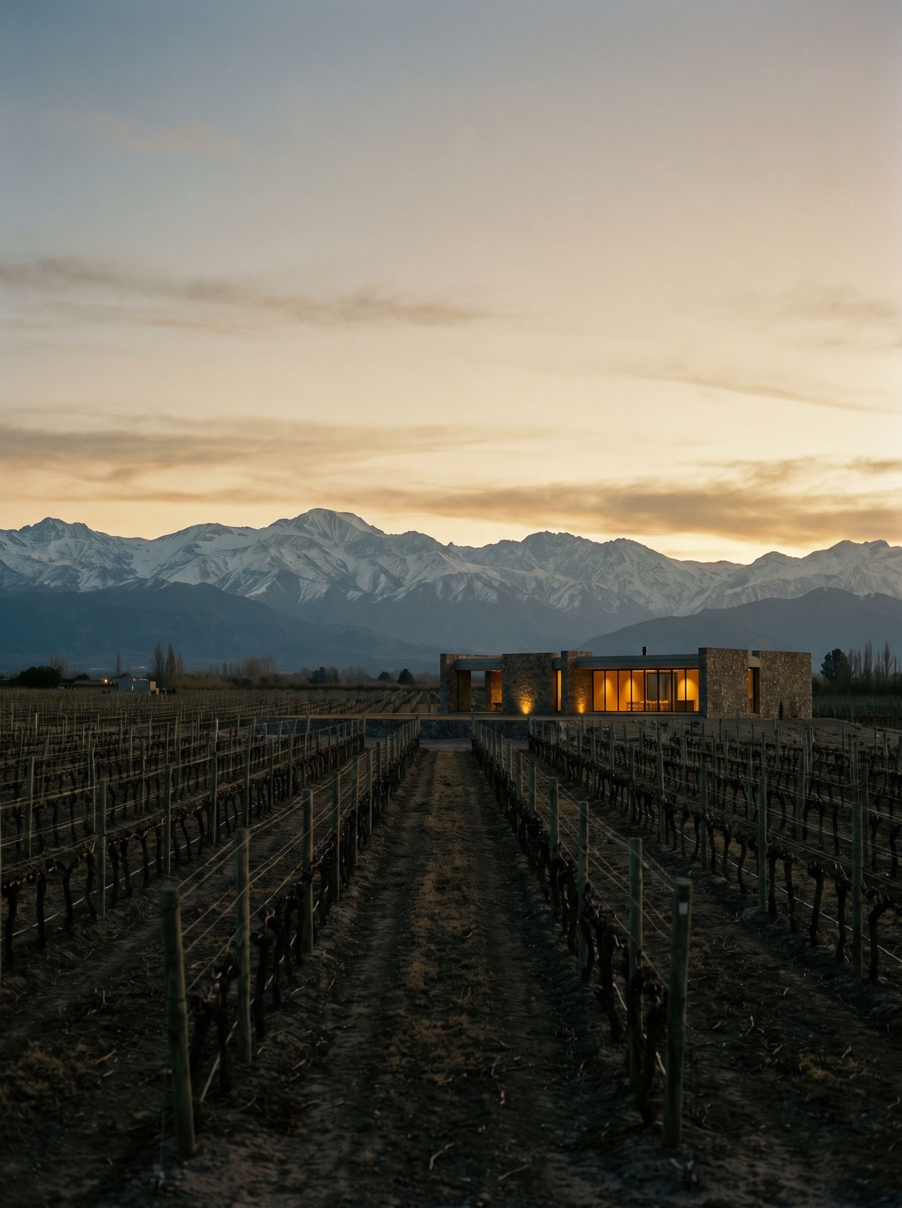 Malbec vineyard rows leading to the Andes in Mendoza