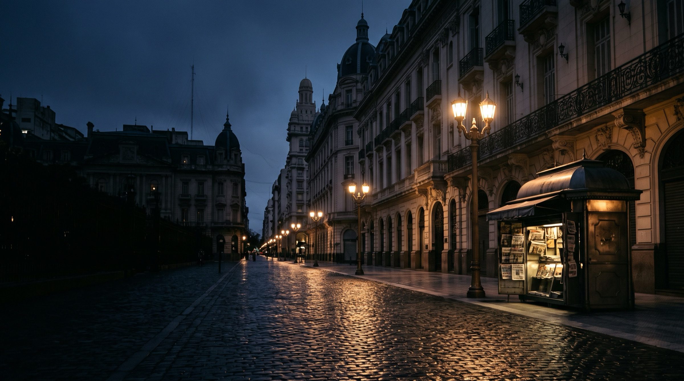 Avenida de Mayo in Buenos Aires at dawn, wet cobblestones reflecting warm street lamps, an old newspaper kiosk, Belle Epoque facades