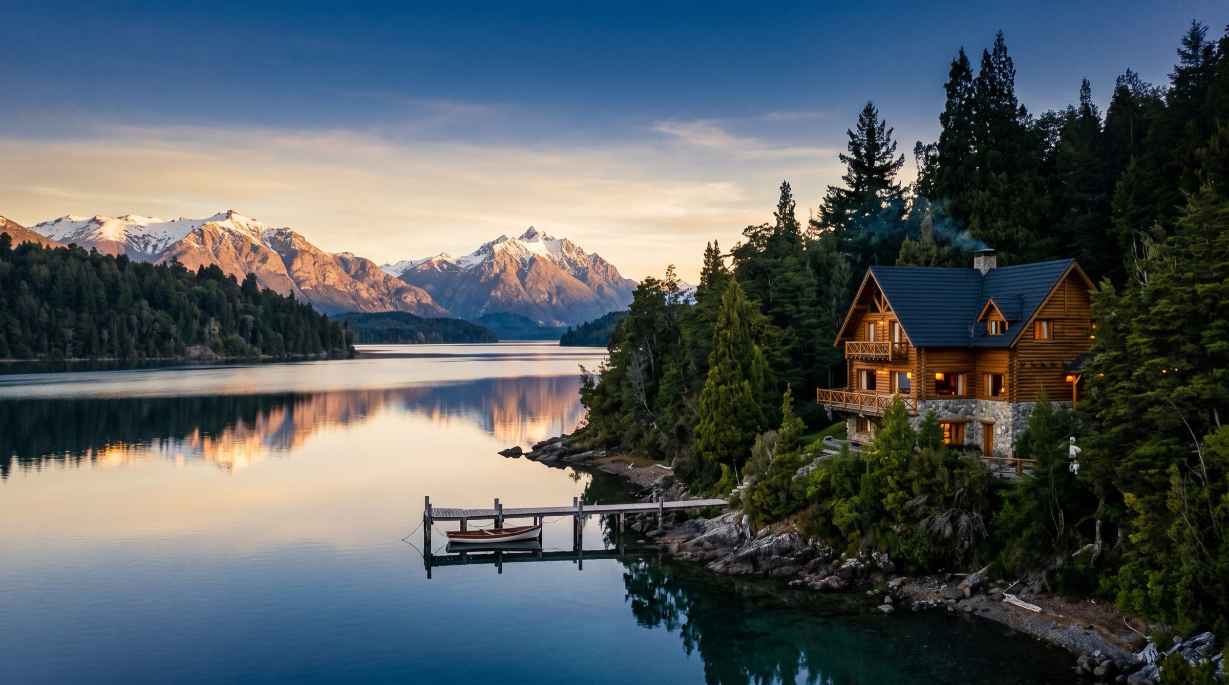 A timber lodge and wooden jetty on the shore of Nahuel Huapi lake near Bariloche, snow-capped Andes behind, at sunrise