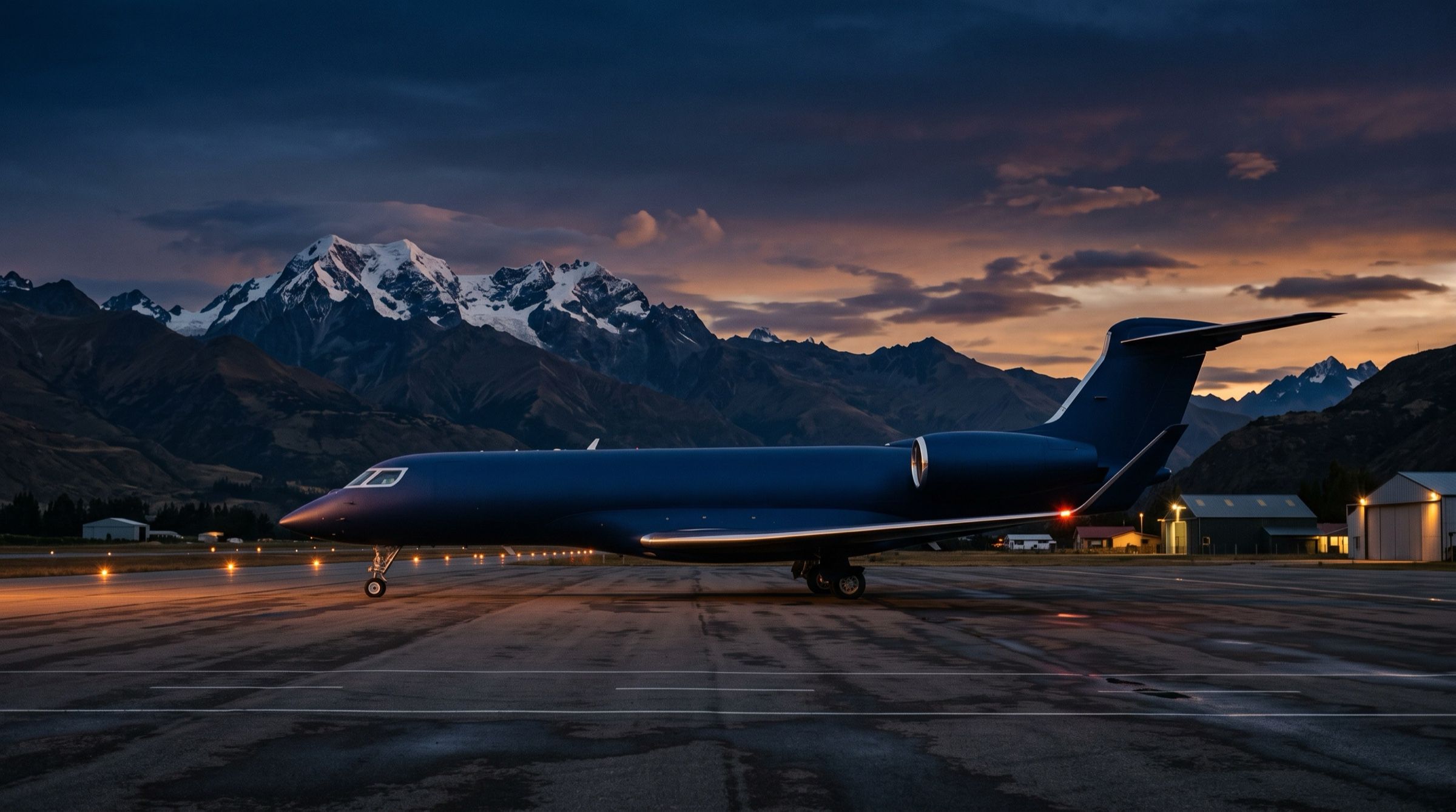 A private jet on a quiet regional runway at dusk with the Andes on the horizon