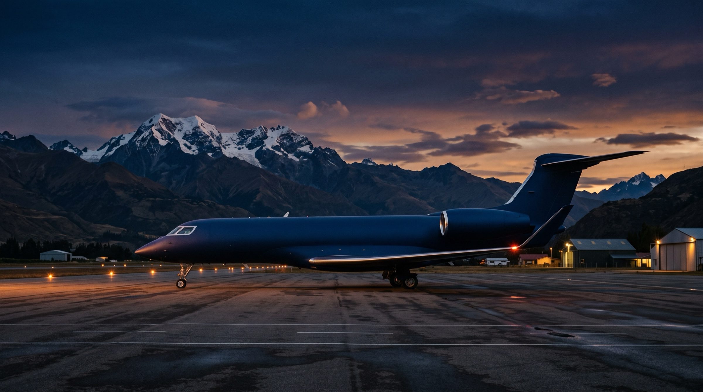 A private jet on a quiet regional runway at dusk with the Andes on the horizon