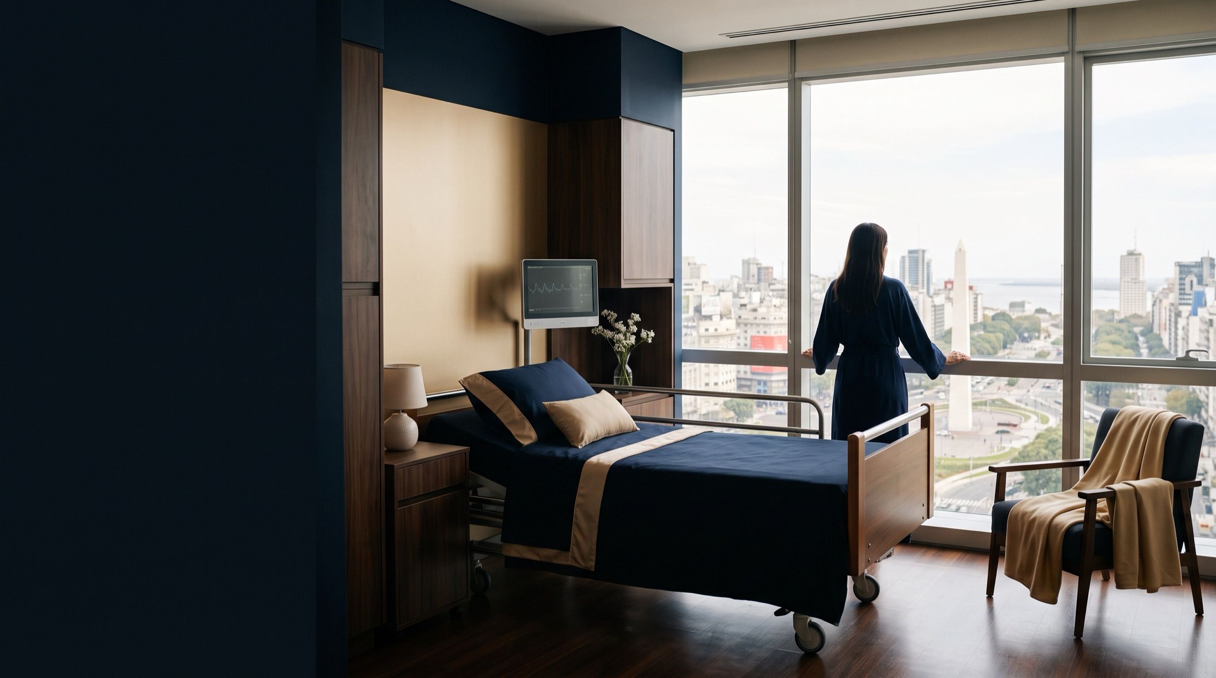 A calm, modern private hospital suite with a large window over Buenos Aires, soft daylight, minimal design