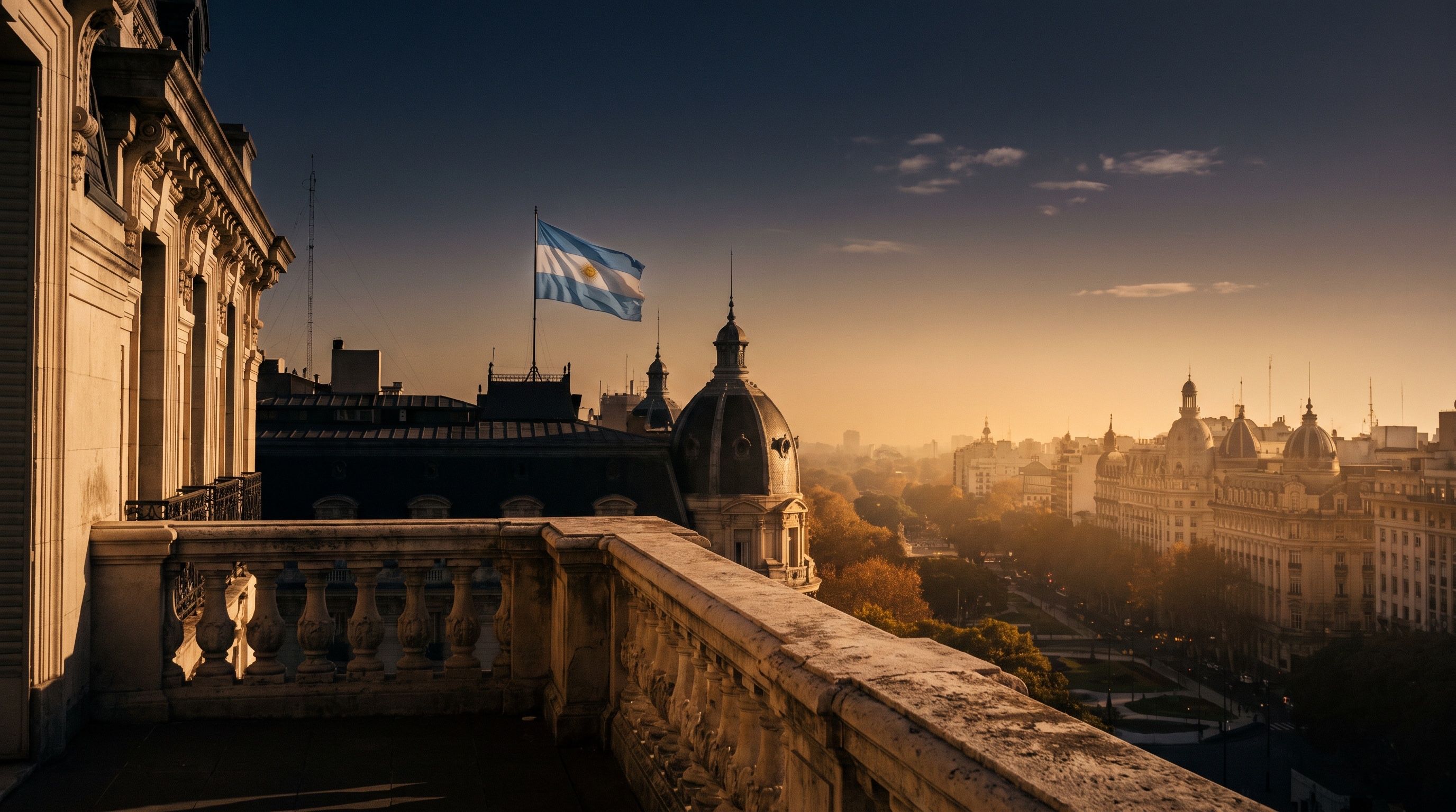 The Argentine flag over the domes of Buenos Aires at golden dusk