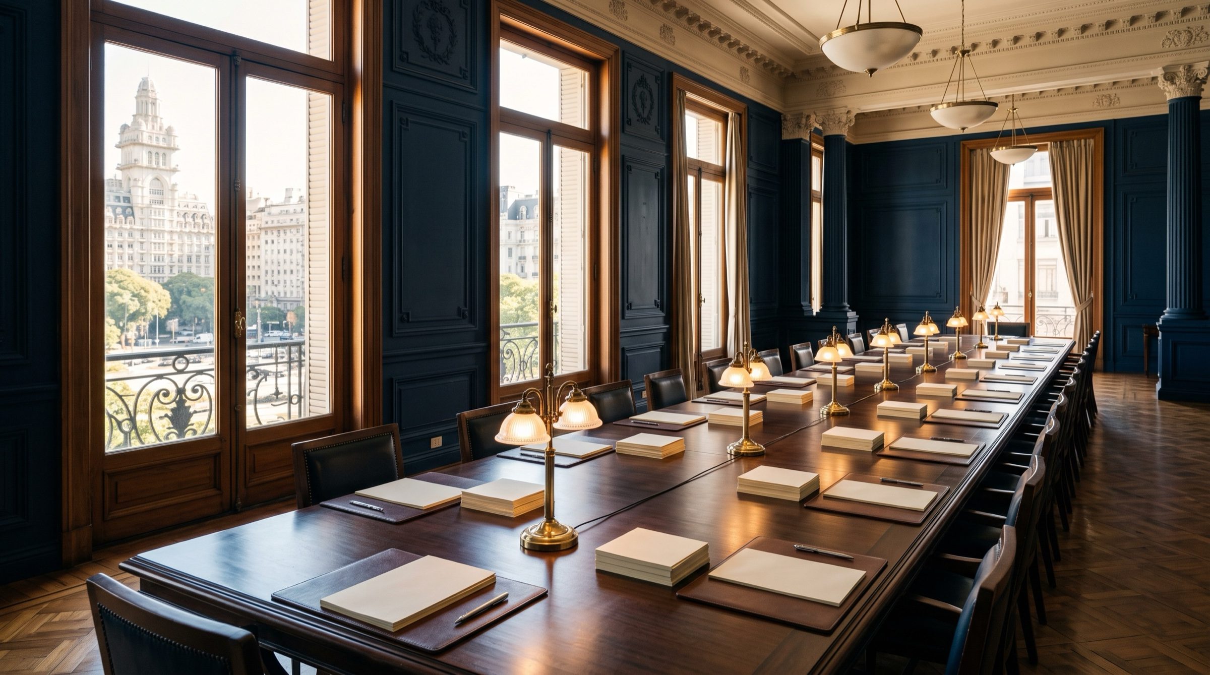 A long empty conference table in a Buenos Aires ministry with tall windows, stacks of blank papers and brass desk lamps, morning light
