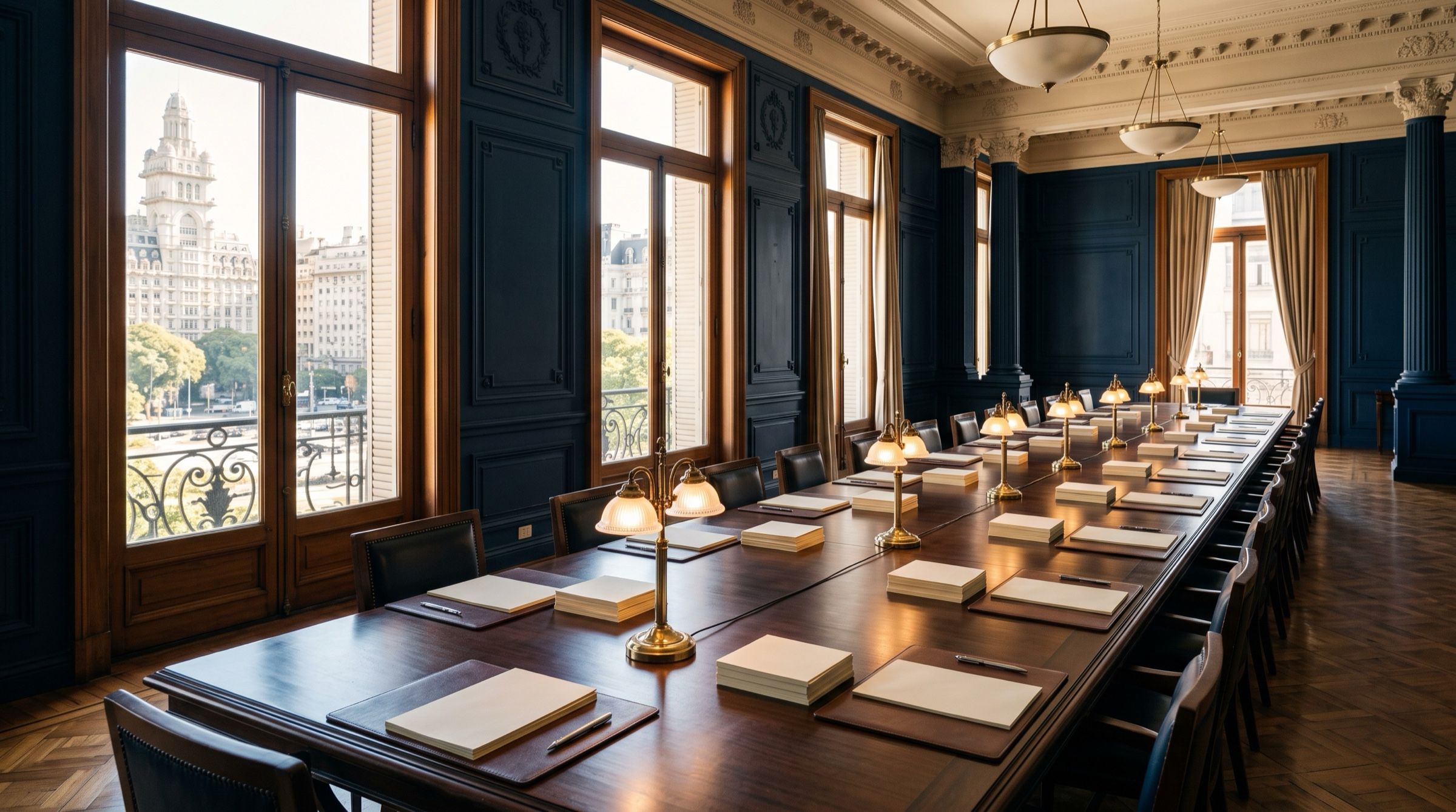 A long empty conference table in a Buenos Aires ministry with tall windows, stacks of blank papers and brass desk lamps, morning light