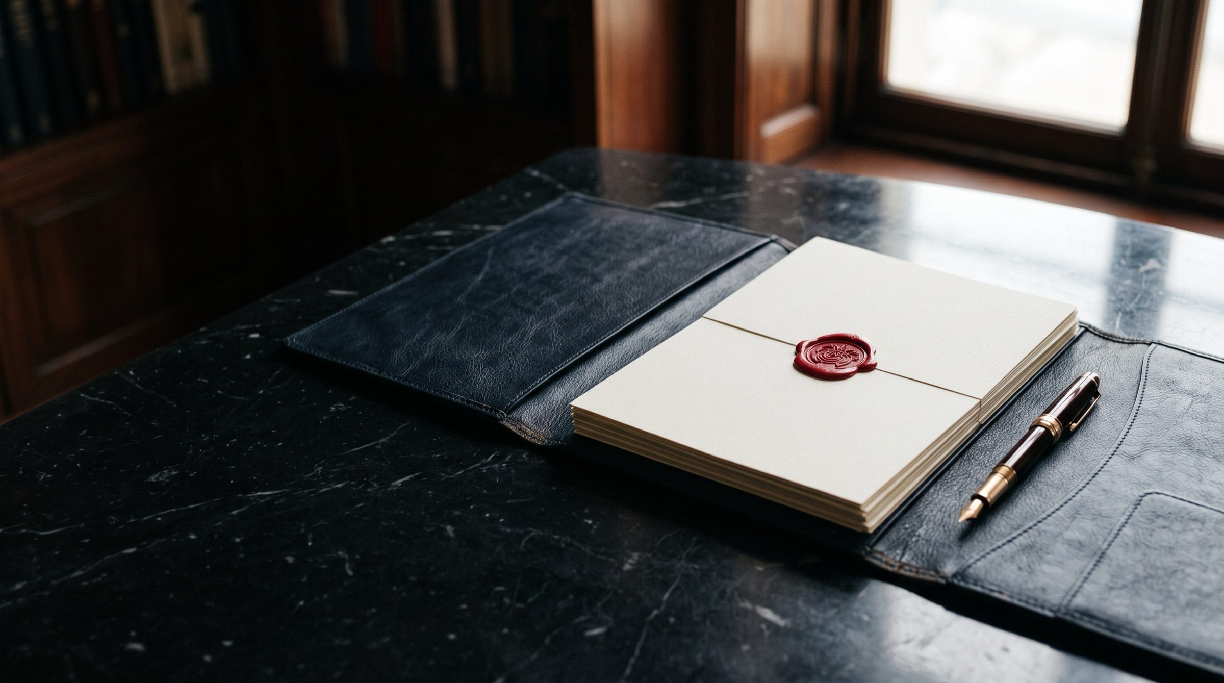 Neatly stacked blank cream documents in an open dark leather folio with a red wax seal and a fountain pen on a black marble desk, soft window light