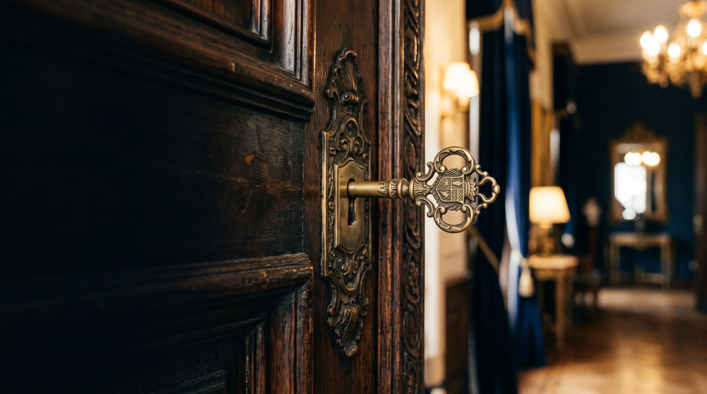 An ornate brass key in the carved wooden door of a Recoleta mansion, warm light, shallow depth of field