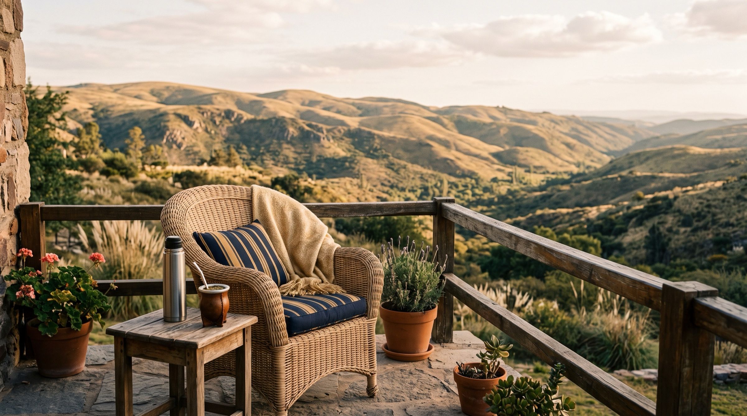 A sunlit terrace with a wicker chair and a cup of mate overlooking hills in Cordoba province, soft afternoon light