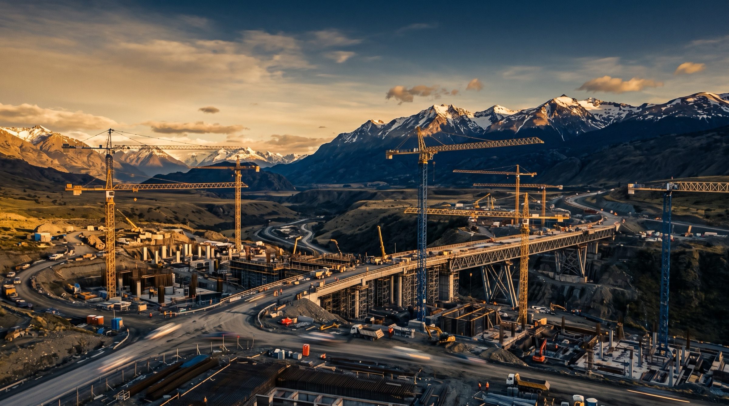 A vast modern infrastructure construction site in Patagonia at golden hour with cranes and open sky
