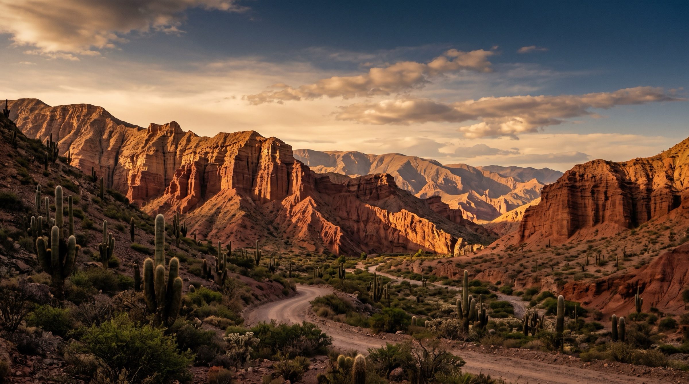 The red rock canyons and cactus of Quebrada de Humahuaca near Salta at sunset