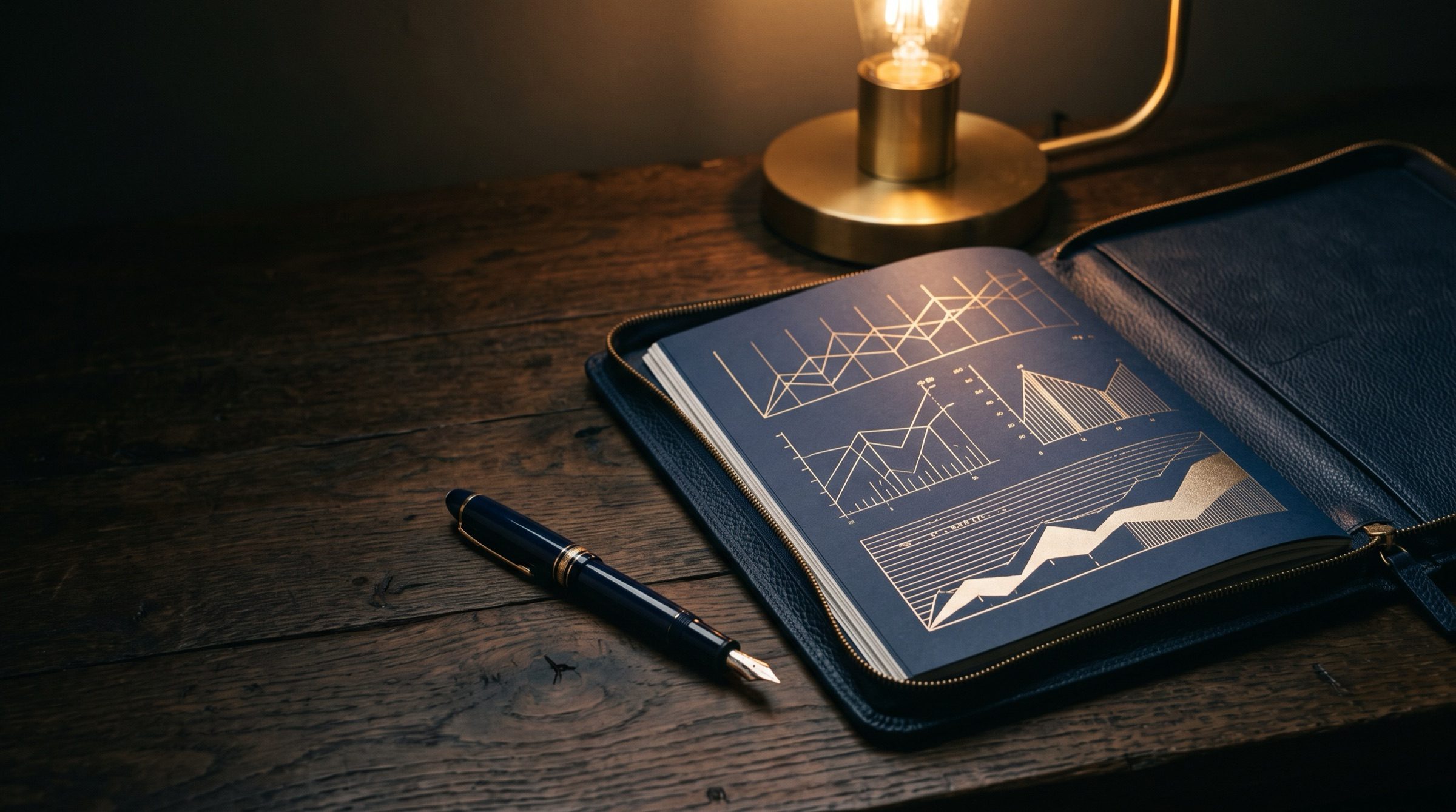 A fountain pen beside an open leather portfolio with abstract gold line charts, warm lamp light, dark desk