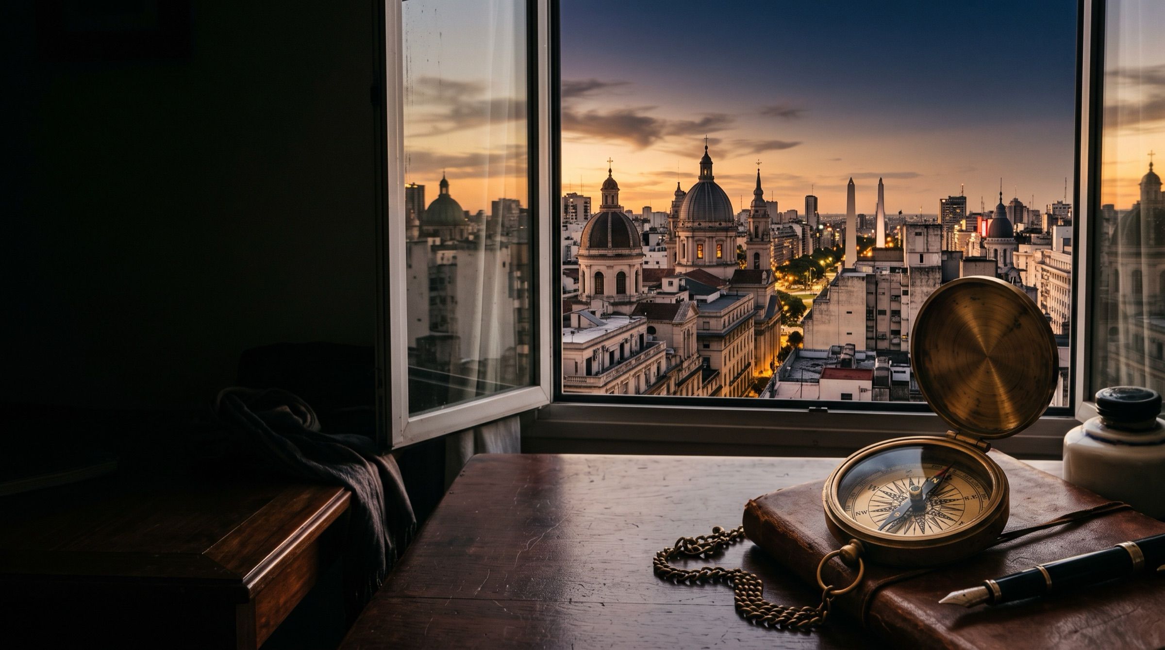 An antique brass compass on a desk beside a window overlooking Buenos Aires rooftops and domes at sunset