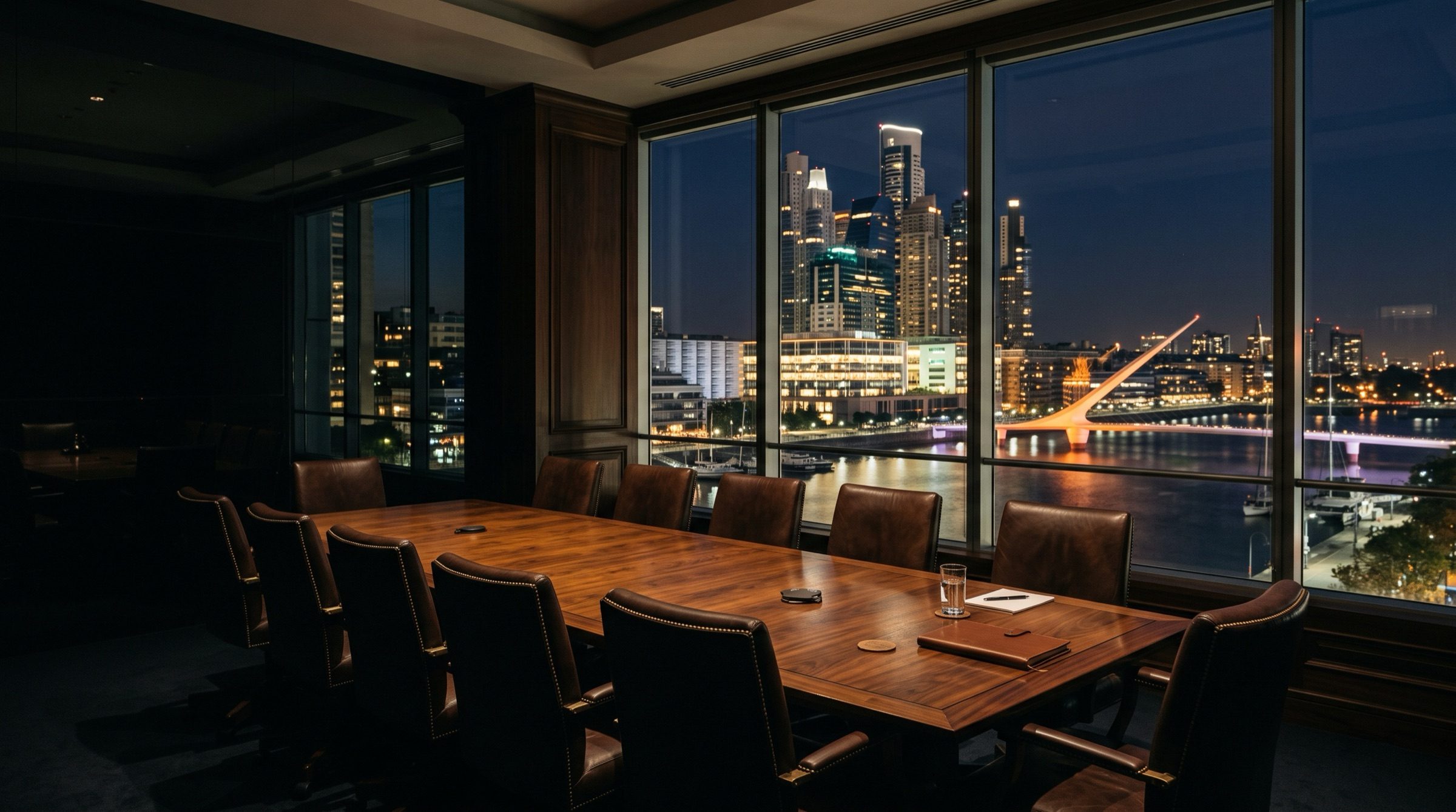 An empty boardroom with a long walnut table and leather chairs overlooking Puerto Madero, Buenos Aires at night
