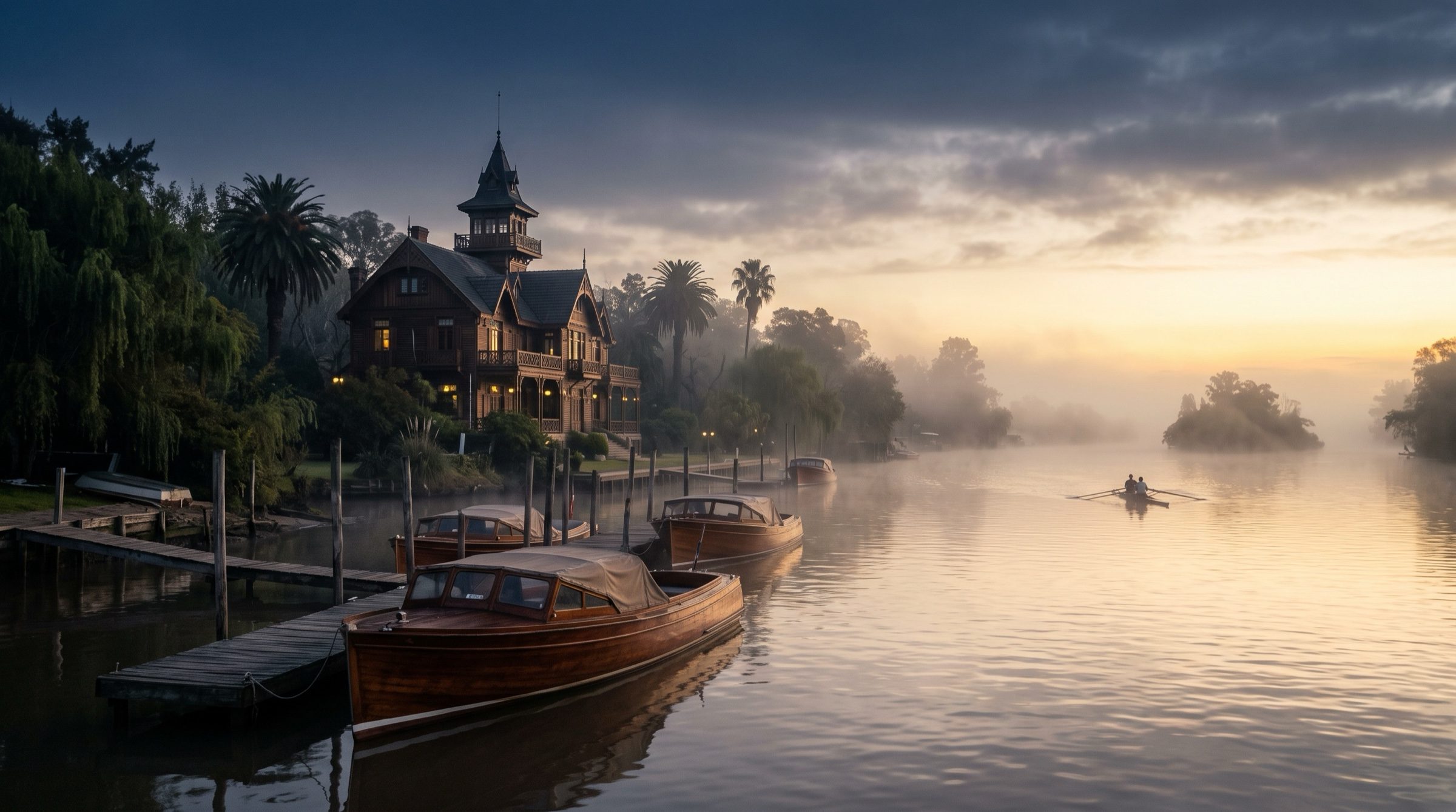 Wooden launch boats on a calm river channel of the Tigre delta at sunrise, mist, a historic rowing club house
