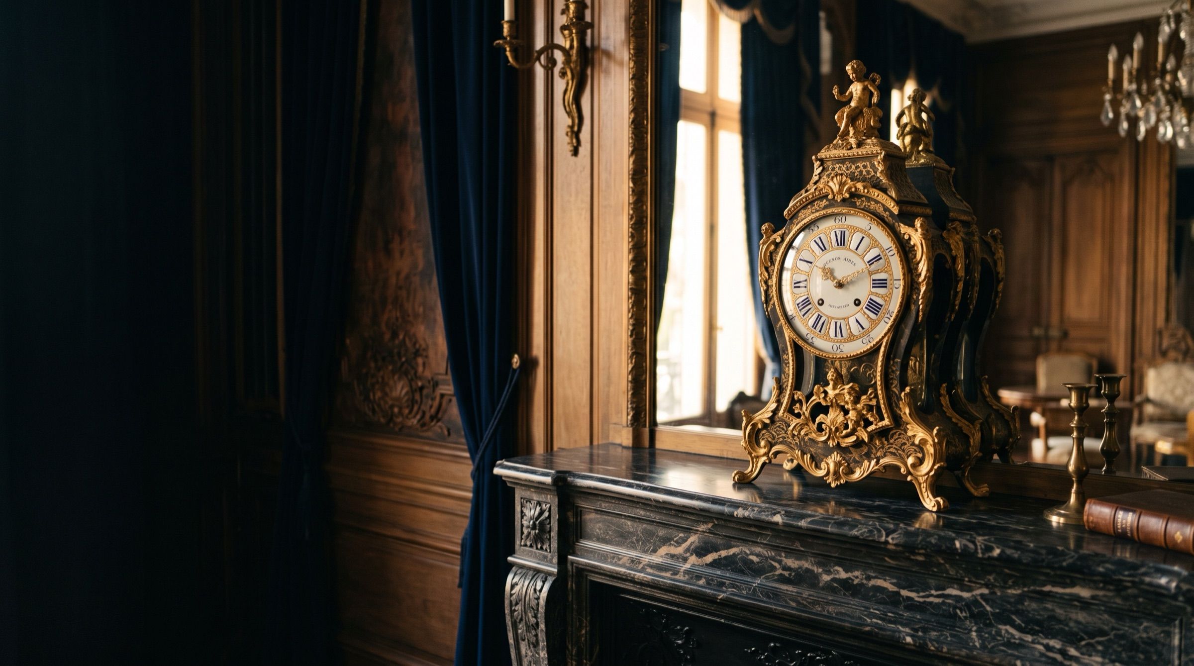 An antique gilded mantel clock on a marble fireplace in a Buenos Aires palacio, golden evening light