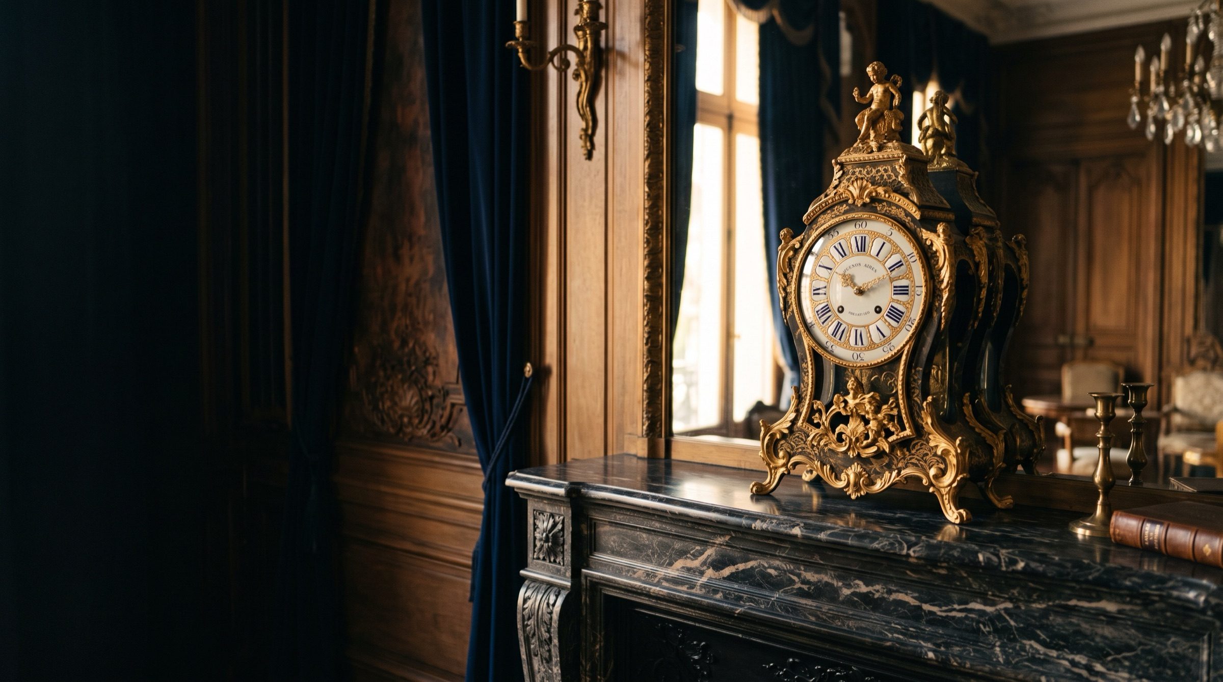 An antique gilded mantel clock on a marble fireplace in a Buenos Aires palacio, golden evening light