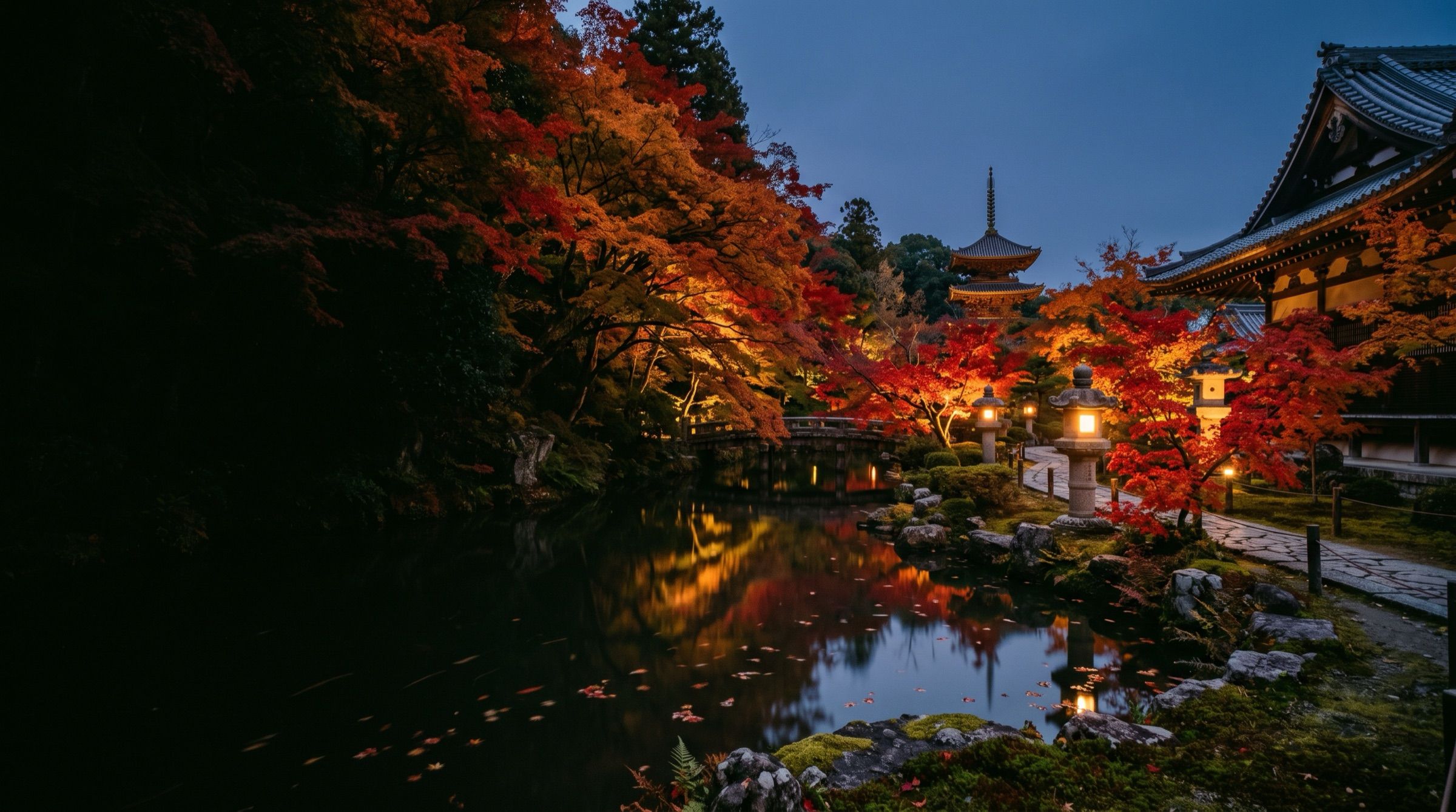 A Kyoto temple garden in autumn at dusk, glowing stone lanterns, red maple leaves, still pond