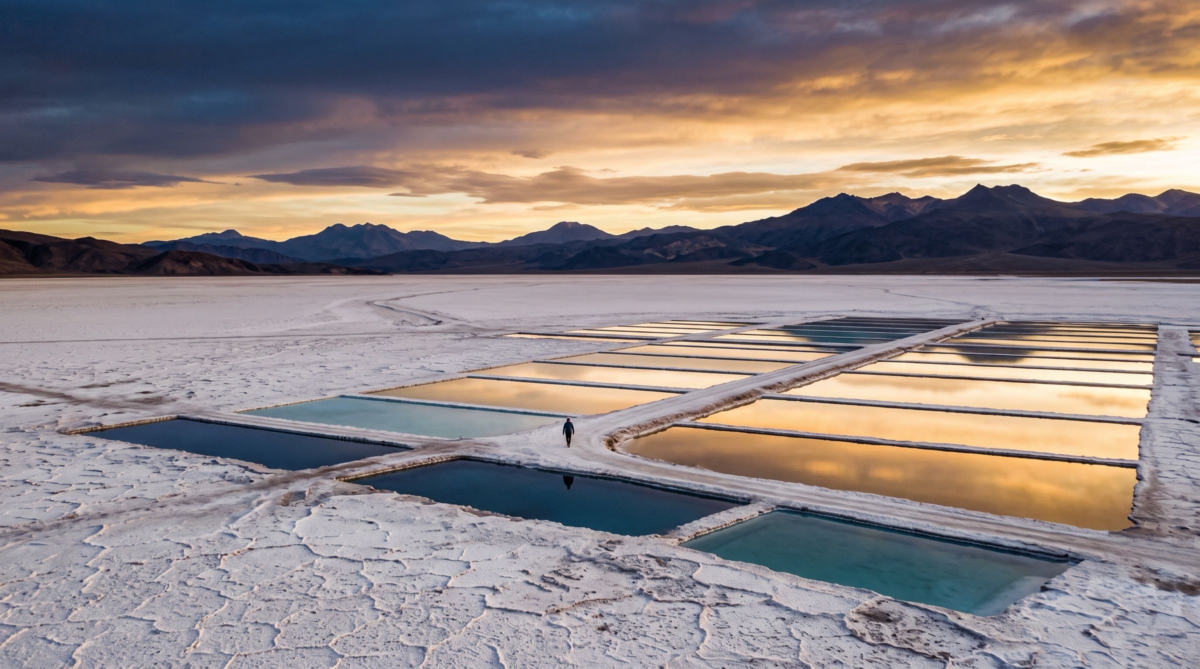 The white salt flats of the Argentine Puna at sunset with lithium evaporation ponds reflecting the sky