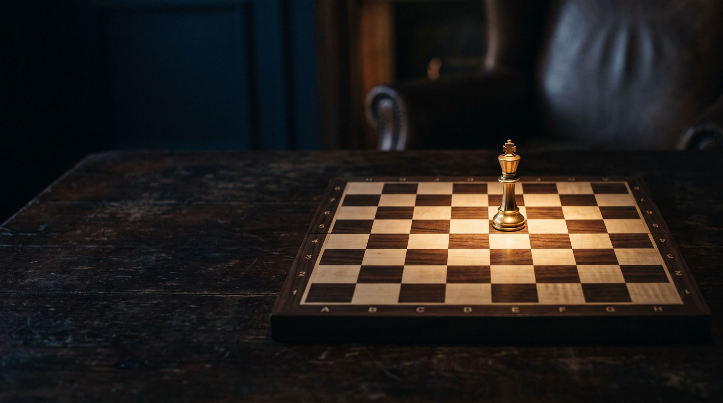 A chessboard with brass pieces on a dark table, a single gold king at the centre, dramatic spotlight