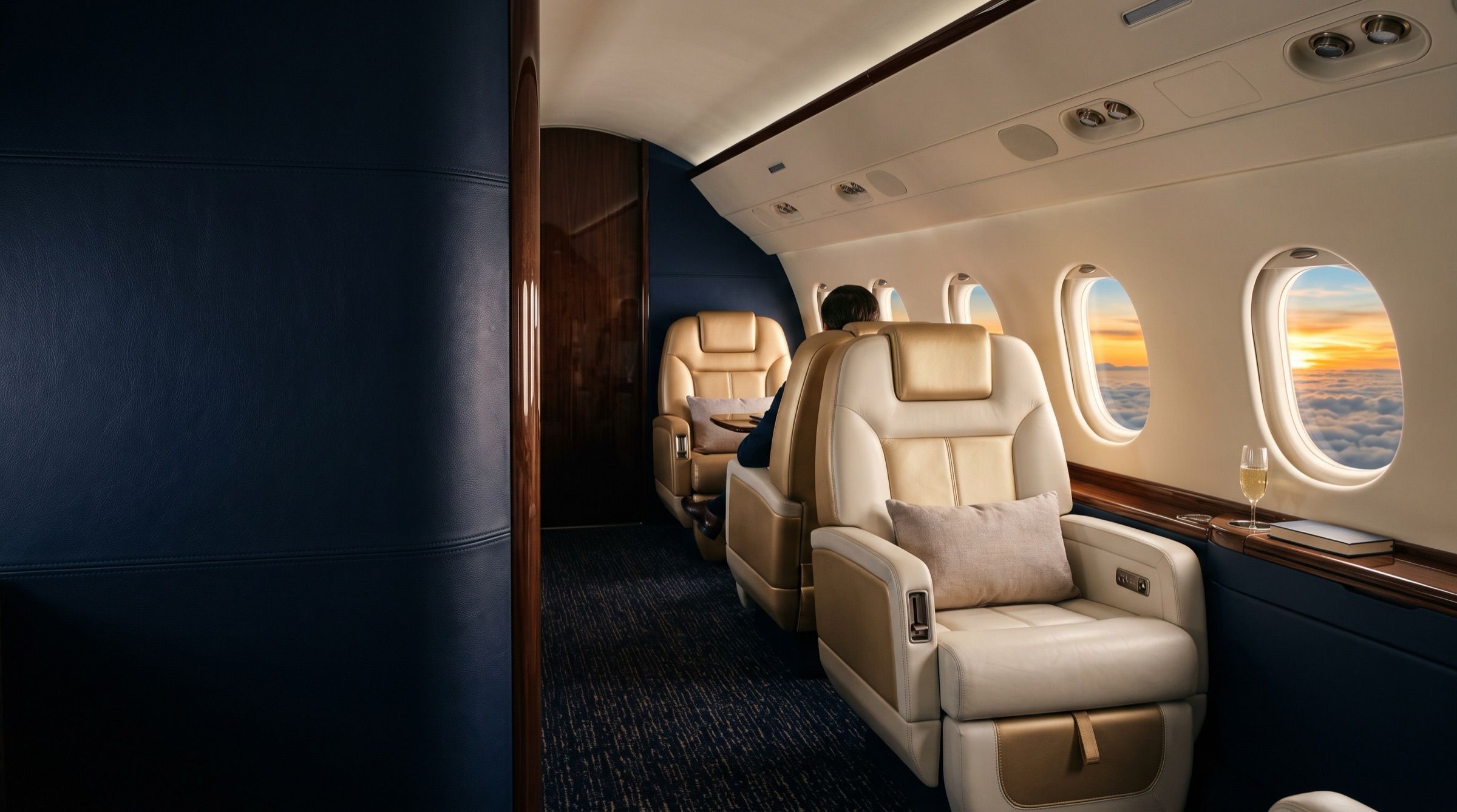 The interior of a private jet with cream leather seats at sunset above the clouds, warm light through oval windows