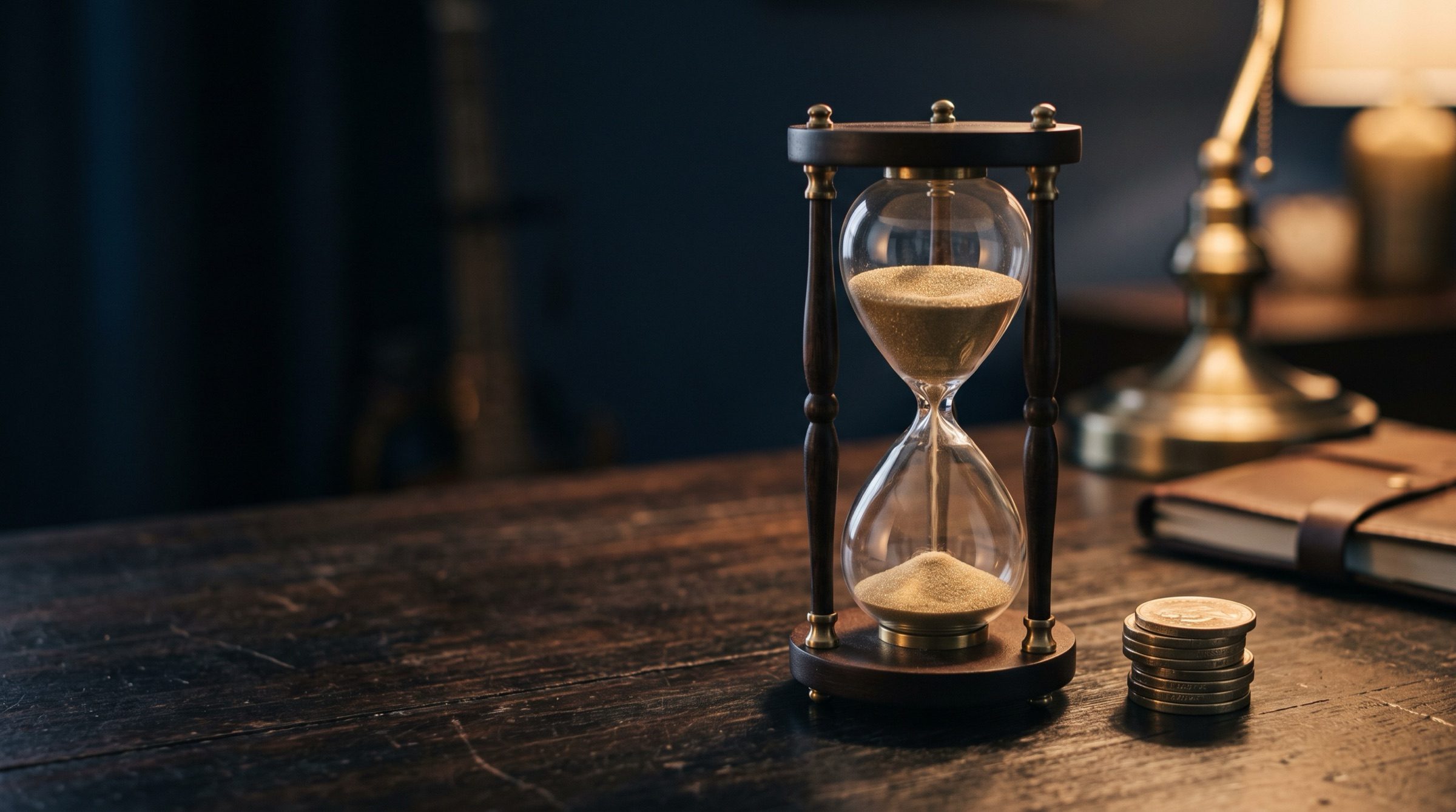 An hourglass with fine gold sand on a dark desk beside a short stack of coins, low warm light